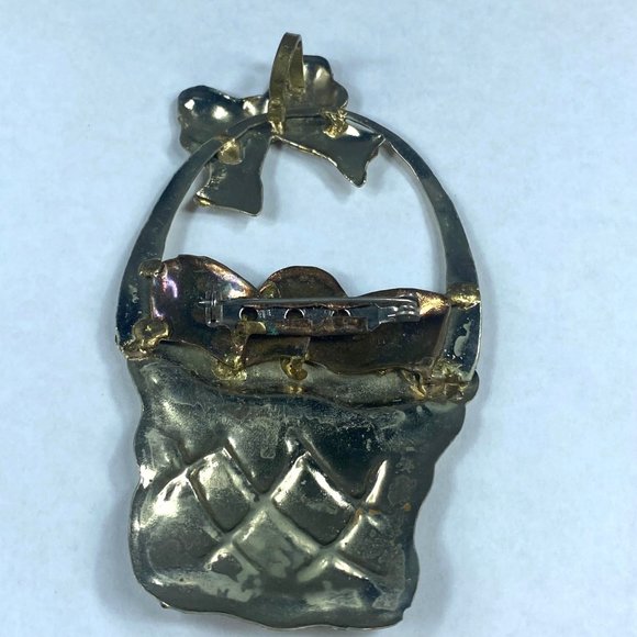 Easter Basket Jewelry Pin Brooch Silver Gold Color Metal Bow Eggs Handle Holiday - Picture 9 of 16